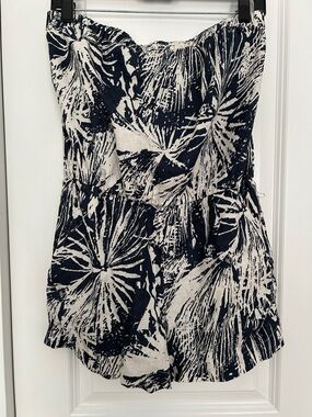 Banana Republic 100% Linen Navy and White Printed Strapless Shorts Romper